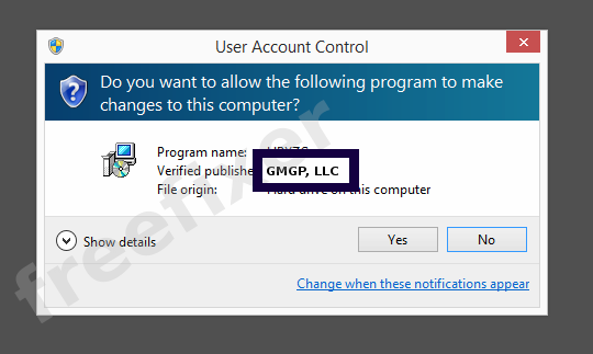 Screenshot where GMGP, LLC appears as the verified publisher in the UAC dialog